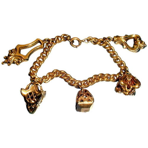  Vintage ART NOUVEAU 12K GOLD FILLED 3-D Hollow Fancy Fob Charm Bracelet