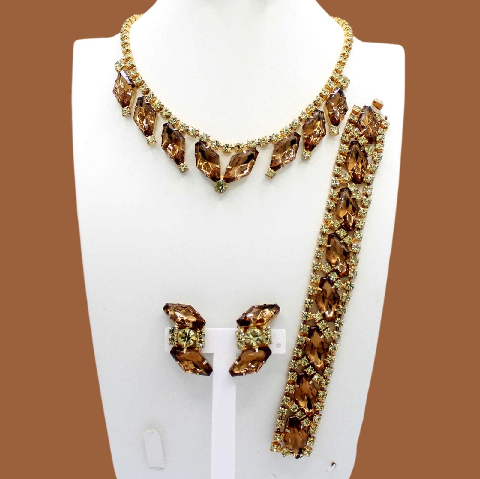Vintage Topaz Yellow Rhinestone Large Hexagon Necklace Bracelet Earrings Set