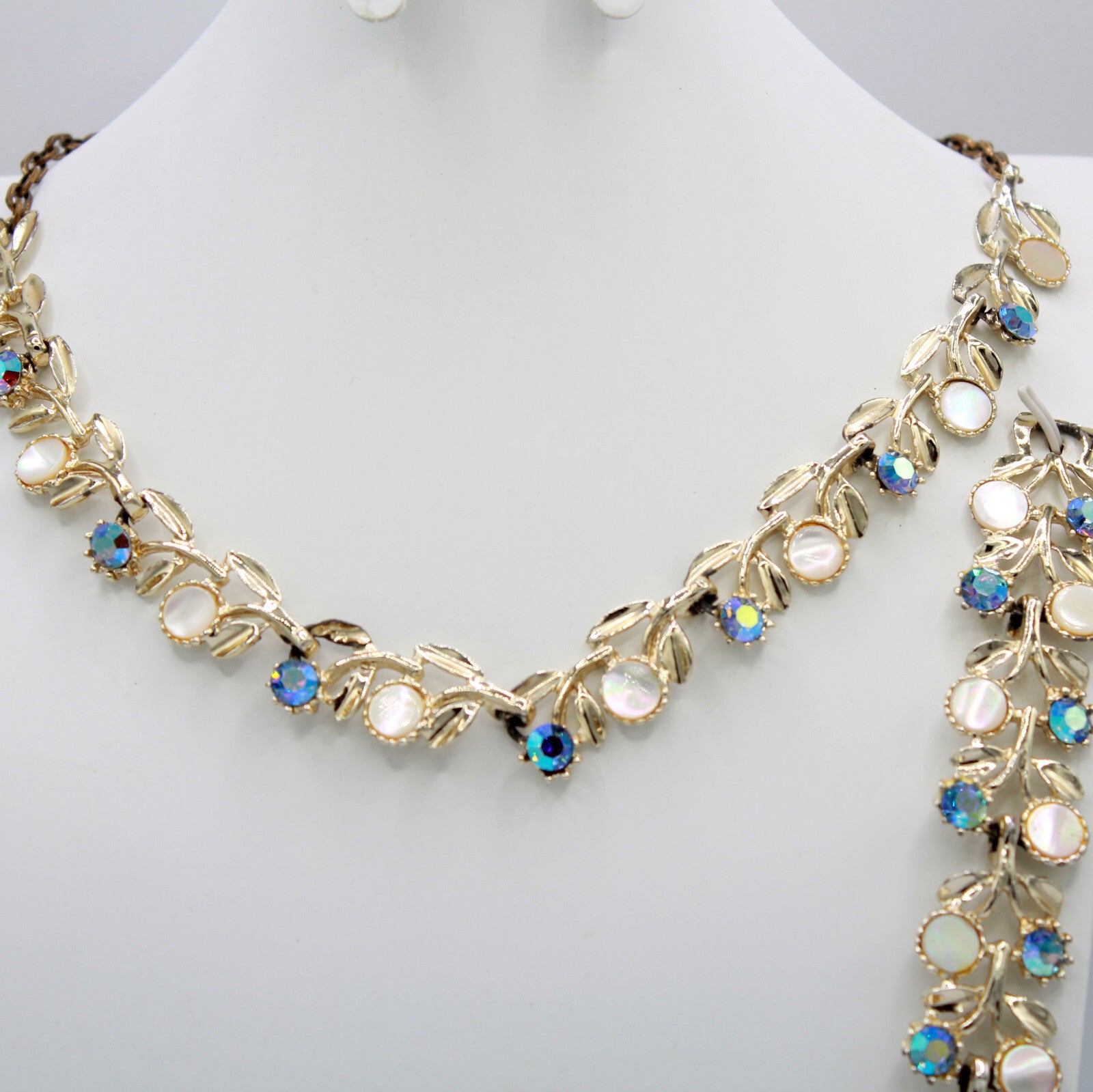 Vintage Blue AB Rhinestone MOP Disk Flower Leaf Necklace Bracelet Earrings Set