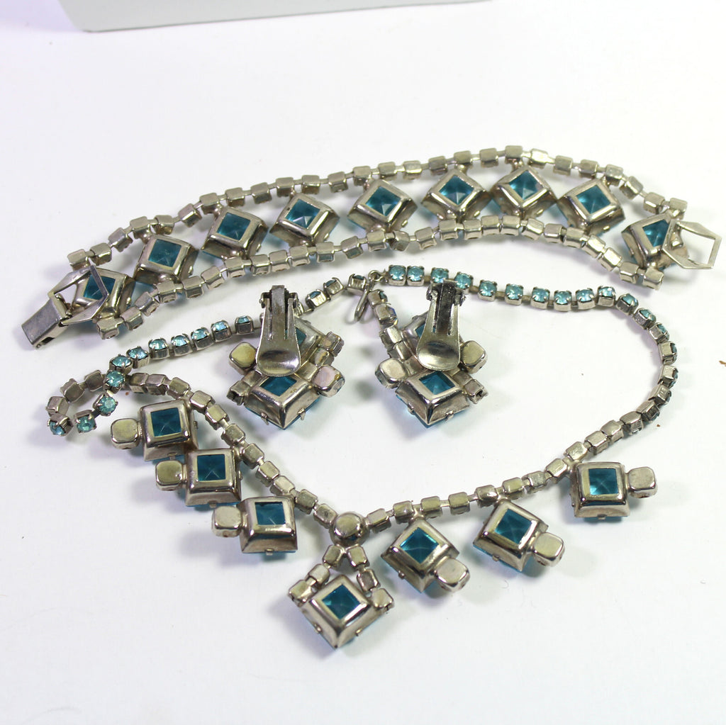 VTG AQUA TEAL BLUE Geometric Squares Rhinestone Necklace Bracelet Earrings Set