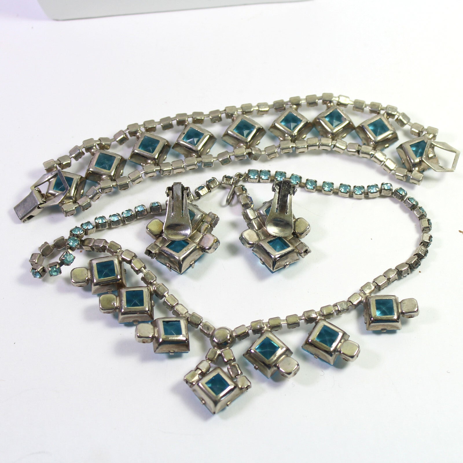 VTG AQUA TEAL BLUE Geometric Squares Rhinestone Necklace Bracelet Earrings Set