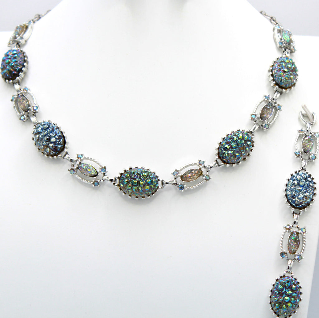 Blue Iridescent Carnival Glass Geode Rhinestone Necklace Bracelet Earrings Set
