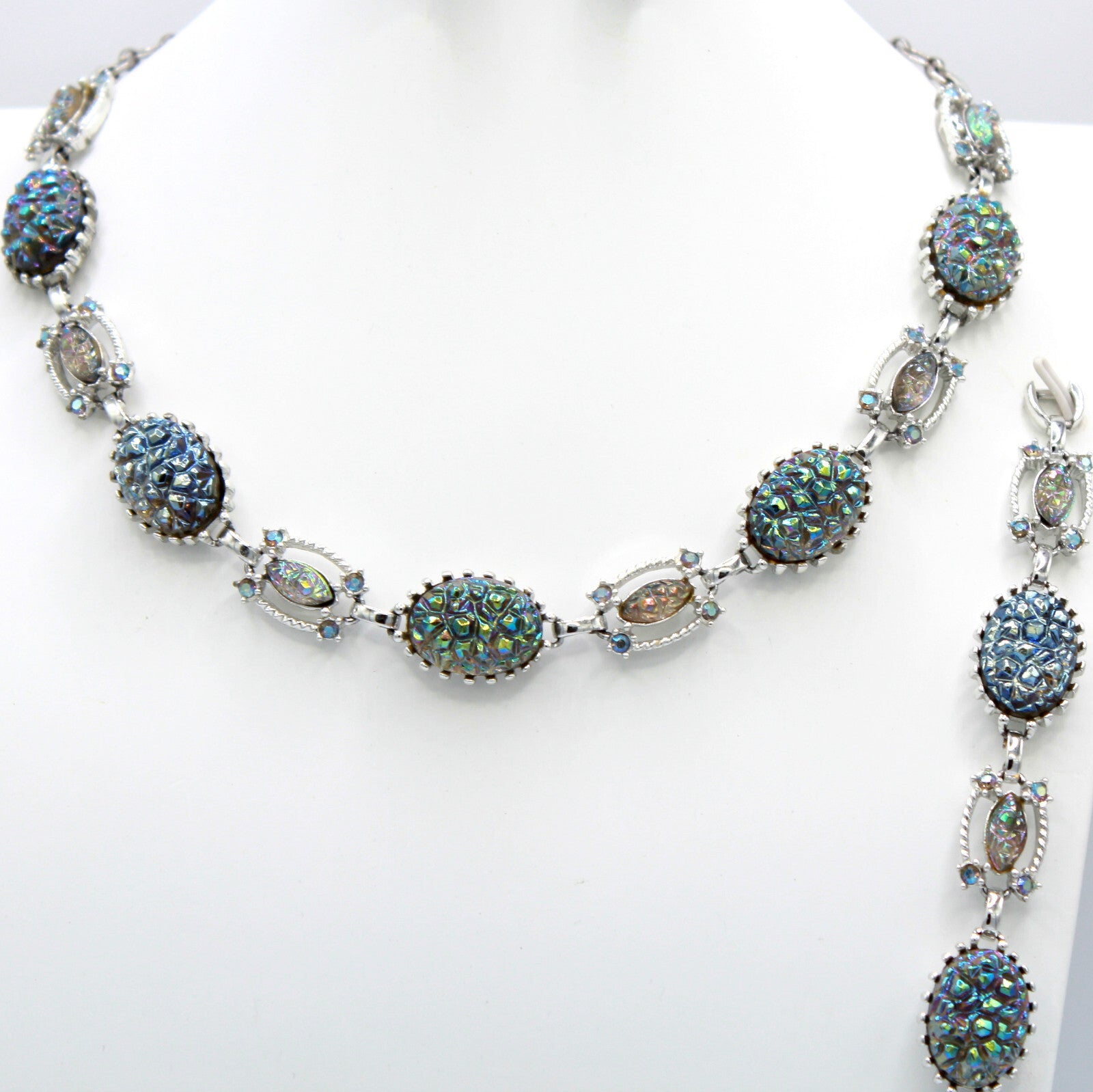Blue Iridescent Carnival Glass Geode Rhinestone Necklace Bracelet Earrings Set
