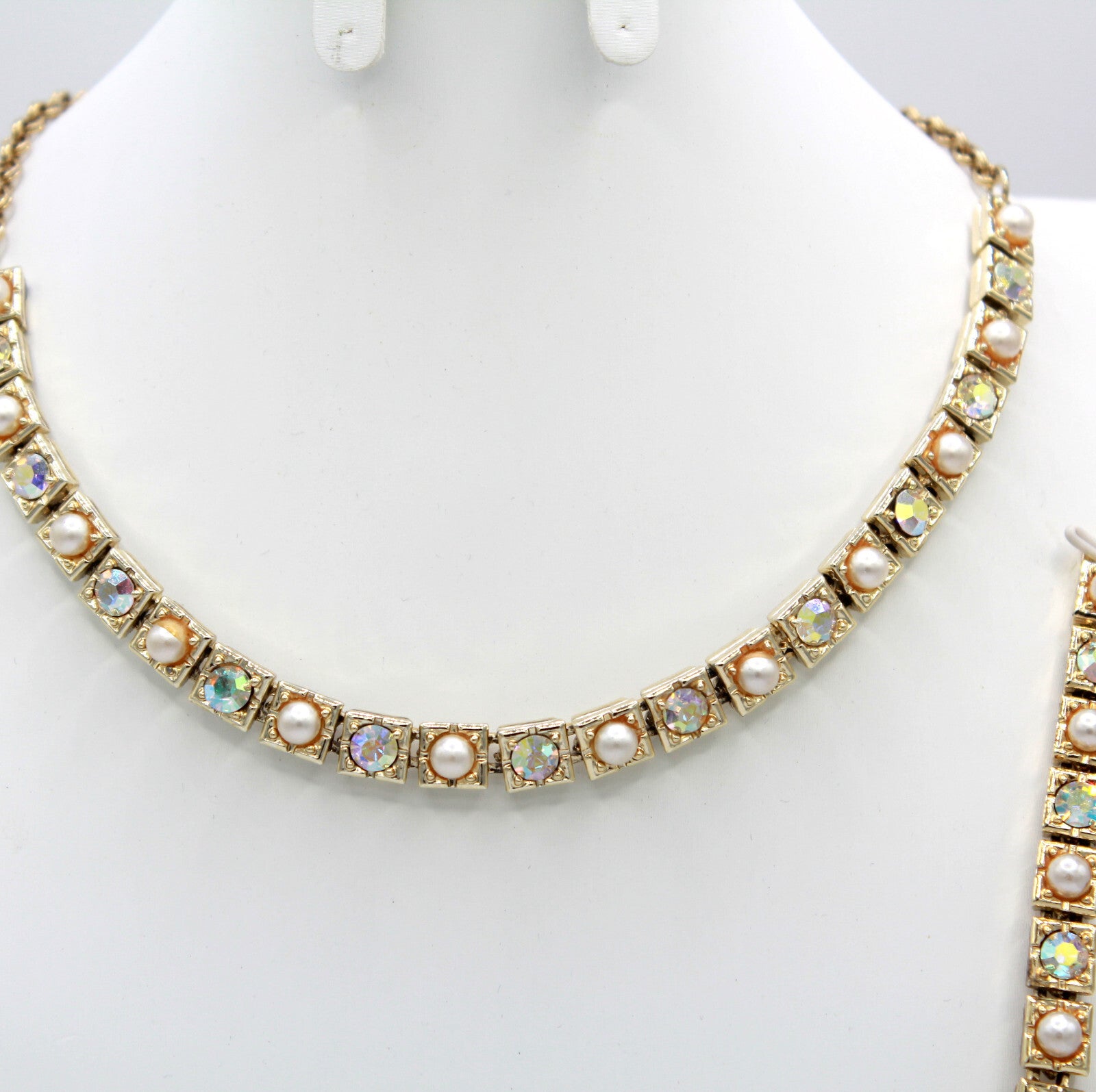 Vintage AB Rhinestone Faux Pearl Squares Linear Necklace Bracelet Earrings Set
