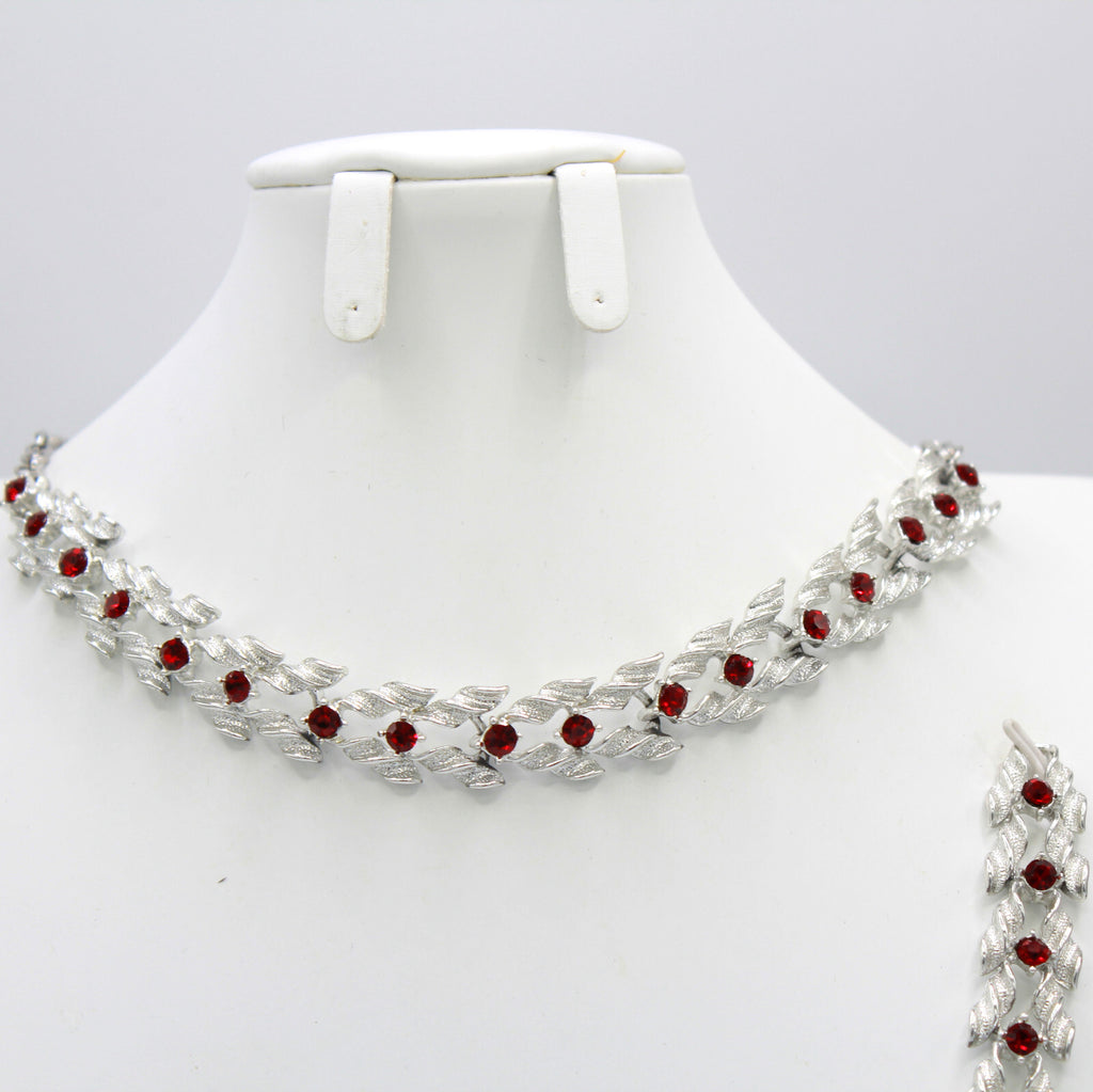 Vintage Elegant RED RHINESTONE Silver Leaves Necklace Bracelet Earrings Set