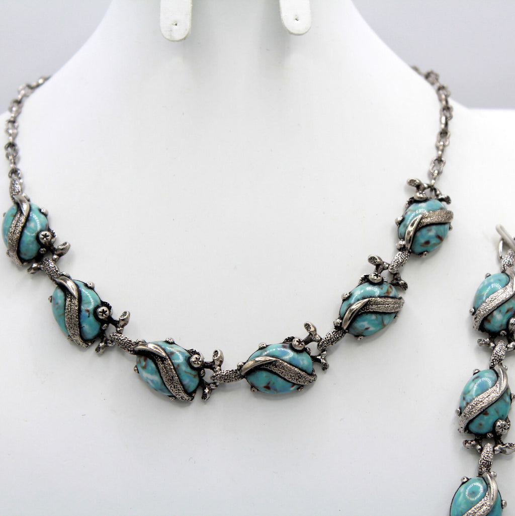 Vintage Glass Turquoise Matrix Cabochon Vine Wrap Necklace Bracelet Earrings Set