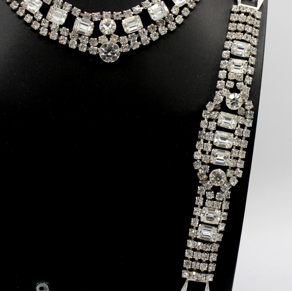 Vintage Statement CLEAR CUSHION CUT Rhinestone Necklace Bracelet Earrings Set