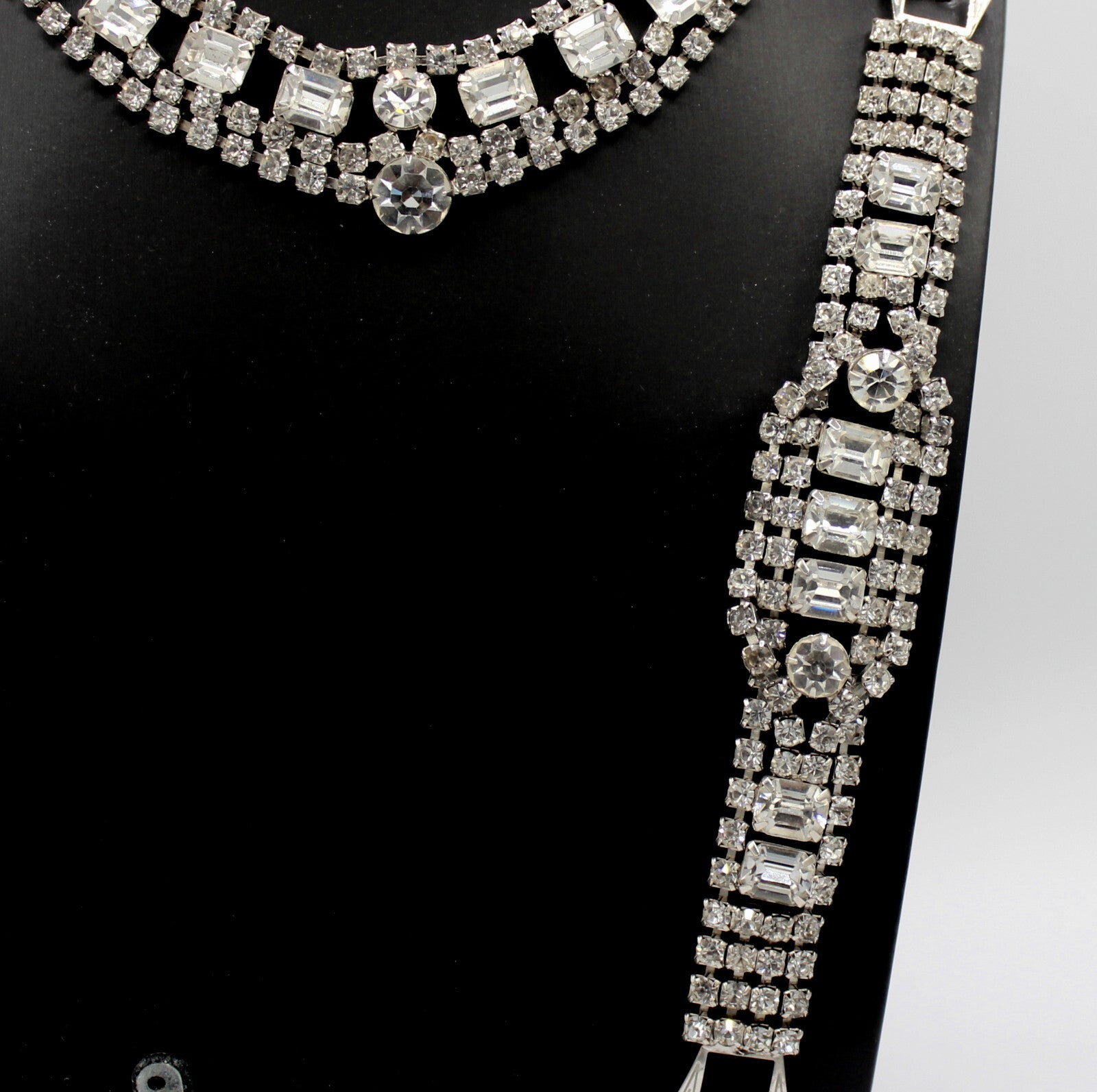 Vintage Statement CLEAR CUSHION CUT Rhinestone Necklace Bracelet Earrings Set
