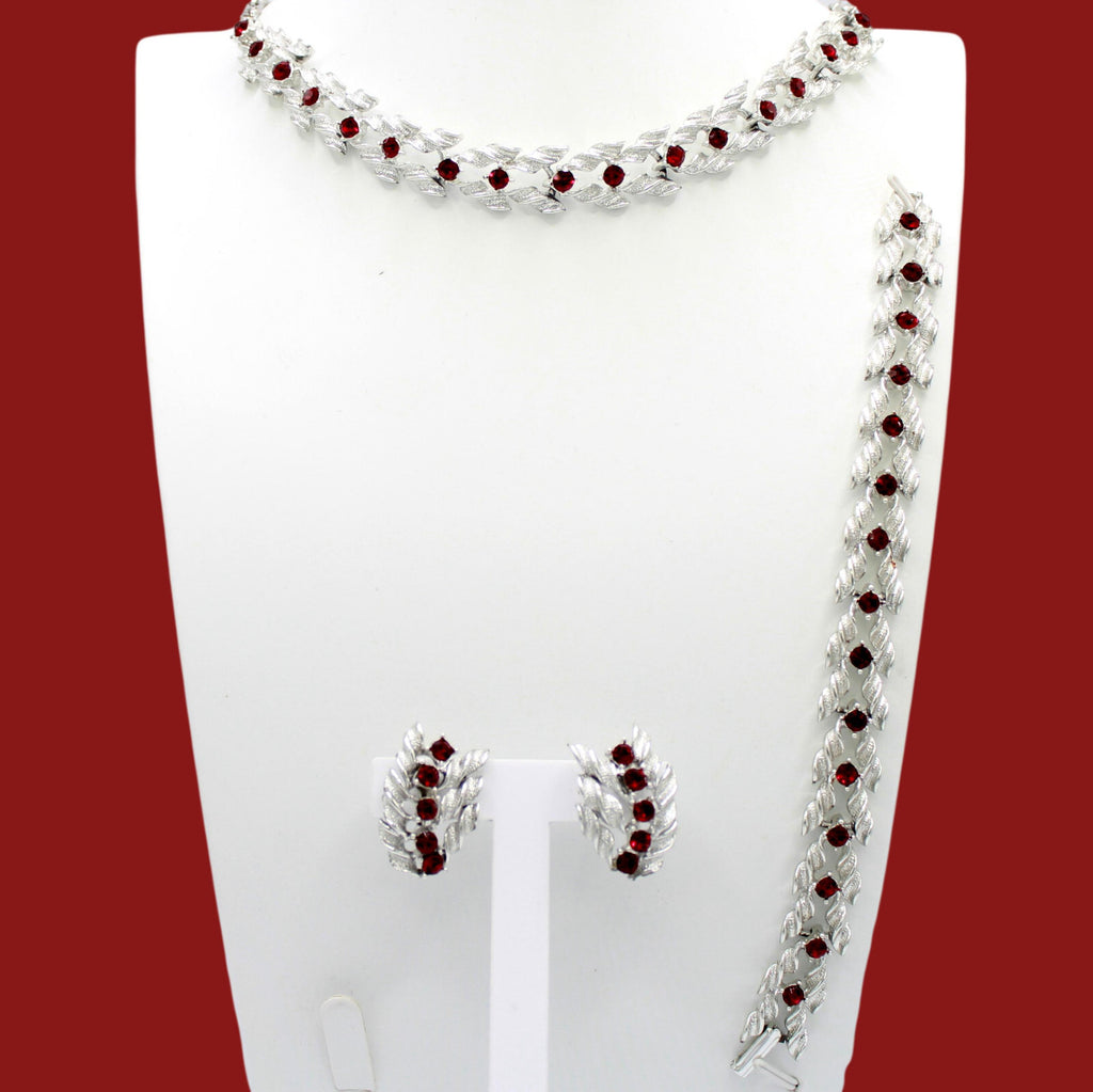 Vintage Elegant RED RHINESTONE Silver Leaves Necklace Bracelet Earrings Set