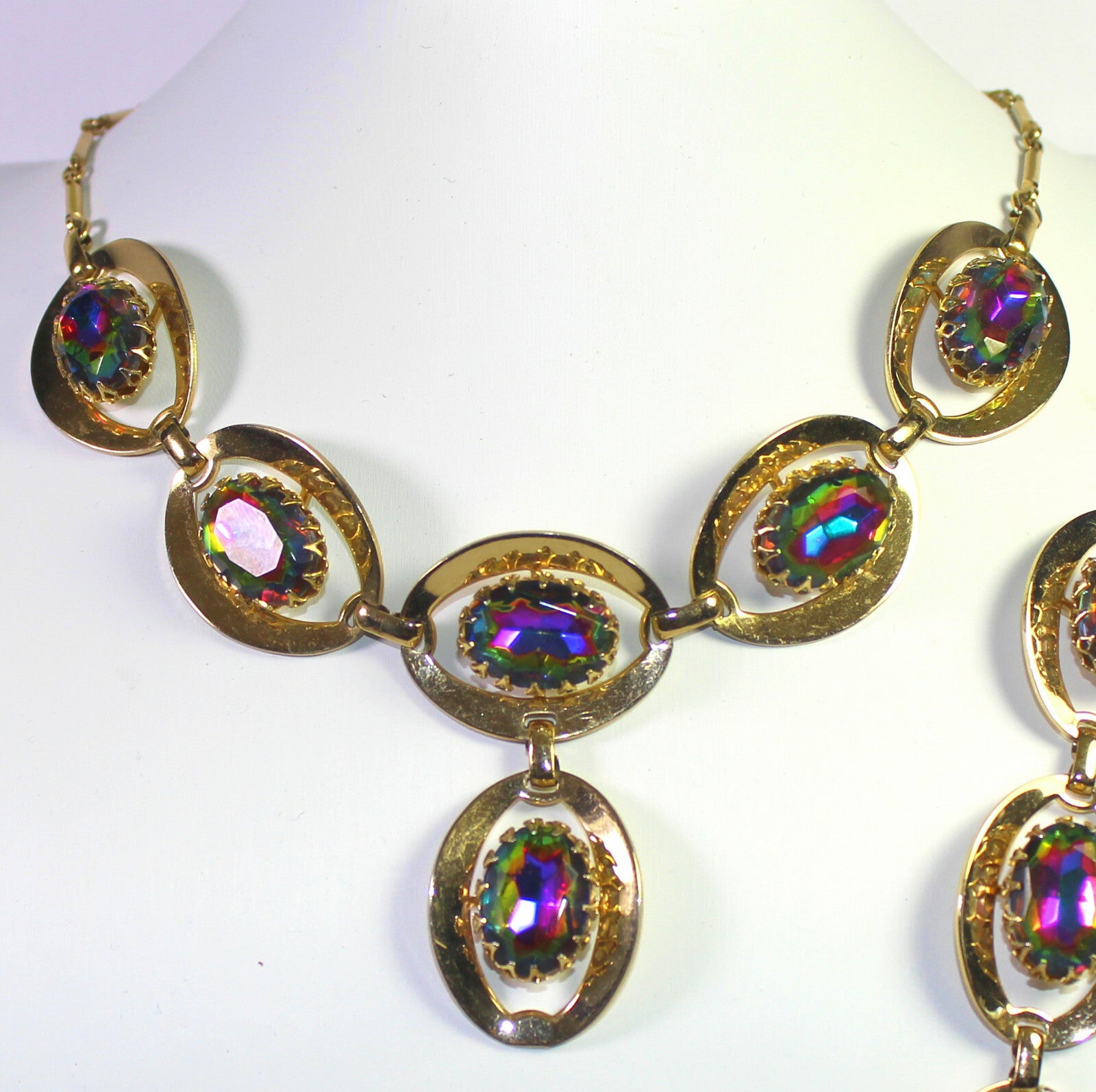 Vintage WATERMELON Vitrail Rhinestone Statement Necklace Bracelet Earrings Set