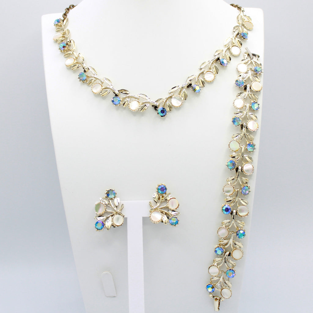Vintage Blue AB Rhinestone MOP Disk Flower Leaf Necklace Bracelet Earrings Set