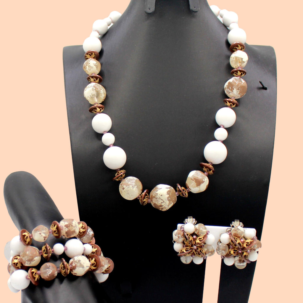 Vintage DEAUVILLE Painted Beads Gold Mauve White Necklace Bracelet Earrings Set