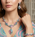 Vintage EMMONS Sparkle Blue Pink Green Enamel Mod Necklace Bracelet Earrings Set