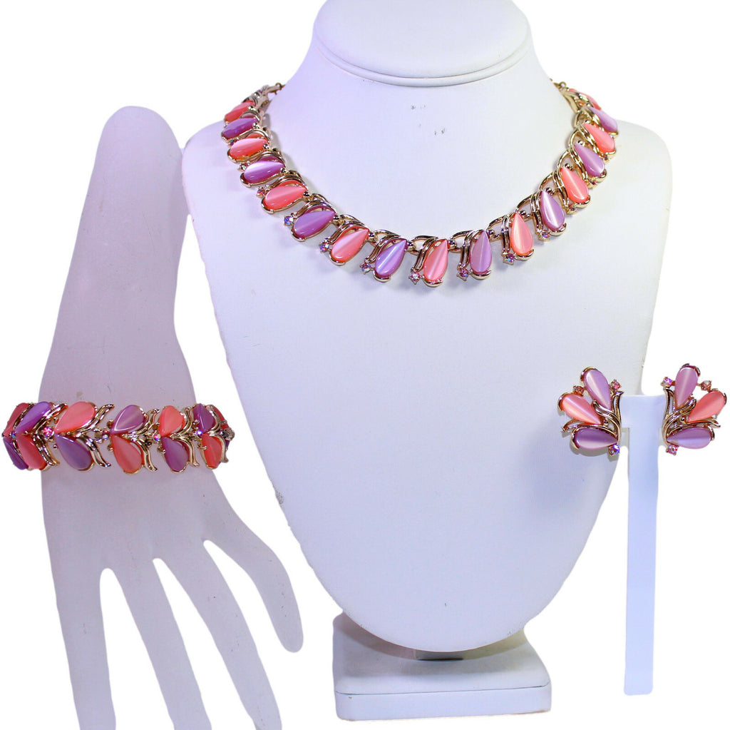 VTG ART Pastel Pink Lavender Thermoset Rhinestone Necklace Bracelet Earrings Set