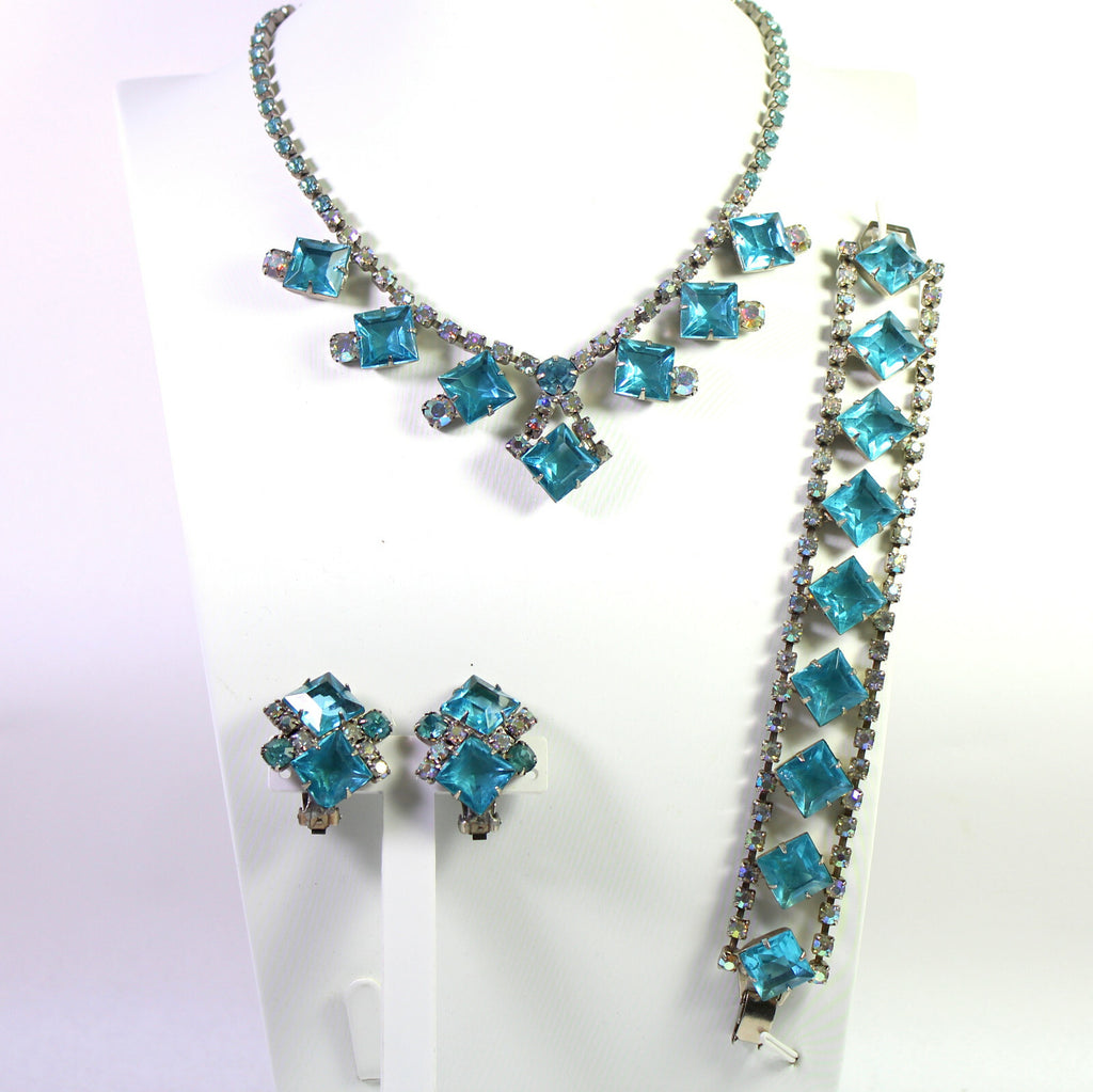 VTG AQUA TEAL BLUE Geometric Squares Rhinestone Necklace Bracelet Earrings Set