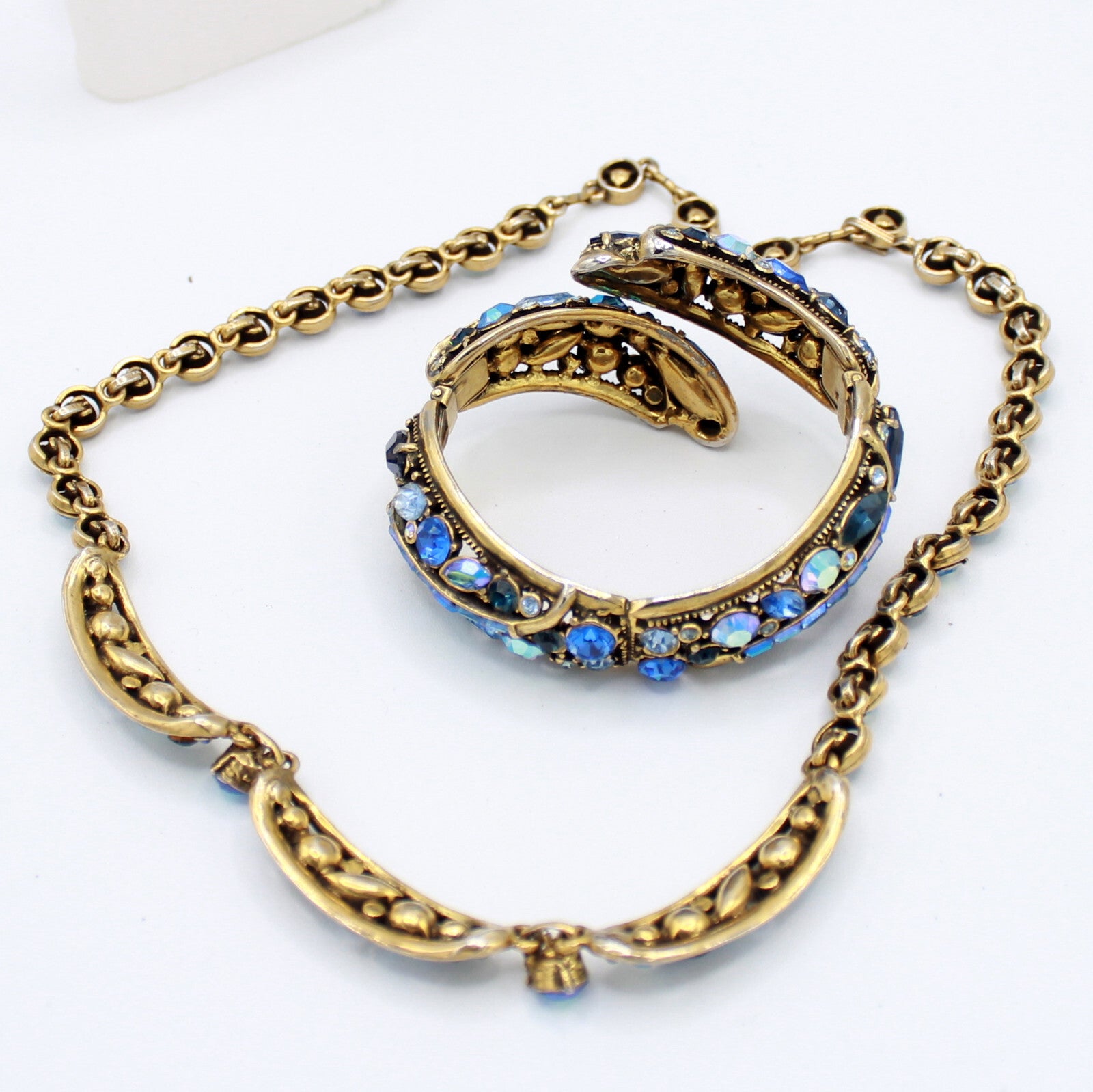 Vintage 1959 HOLLYCRAFT Blue AB Rhinestone Necklace Hinged Bracelet Set