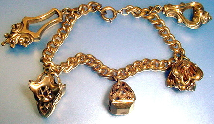  Vintage ART NOUVEAU 12K GOLD FILLED 3-D Hollow Fancy Fob Charm Bracelet