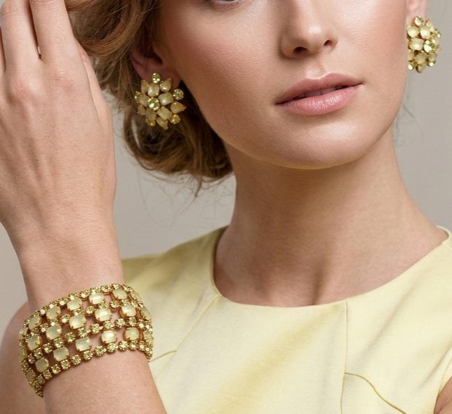 Vintage Frosted Yellow Jonquil Rhinestone Wide Bracelet Clip Earrings Set