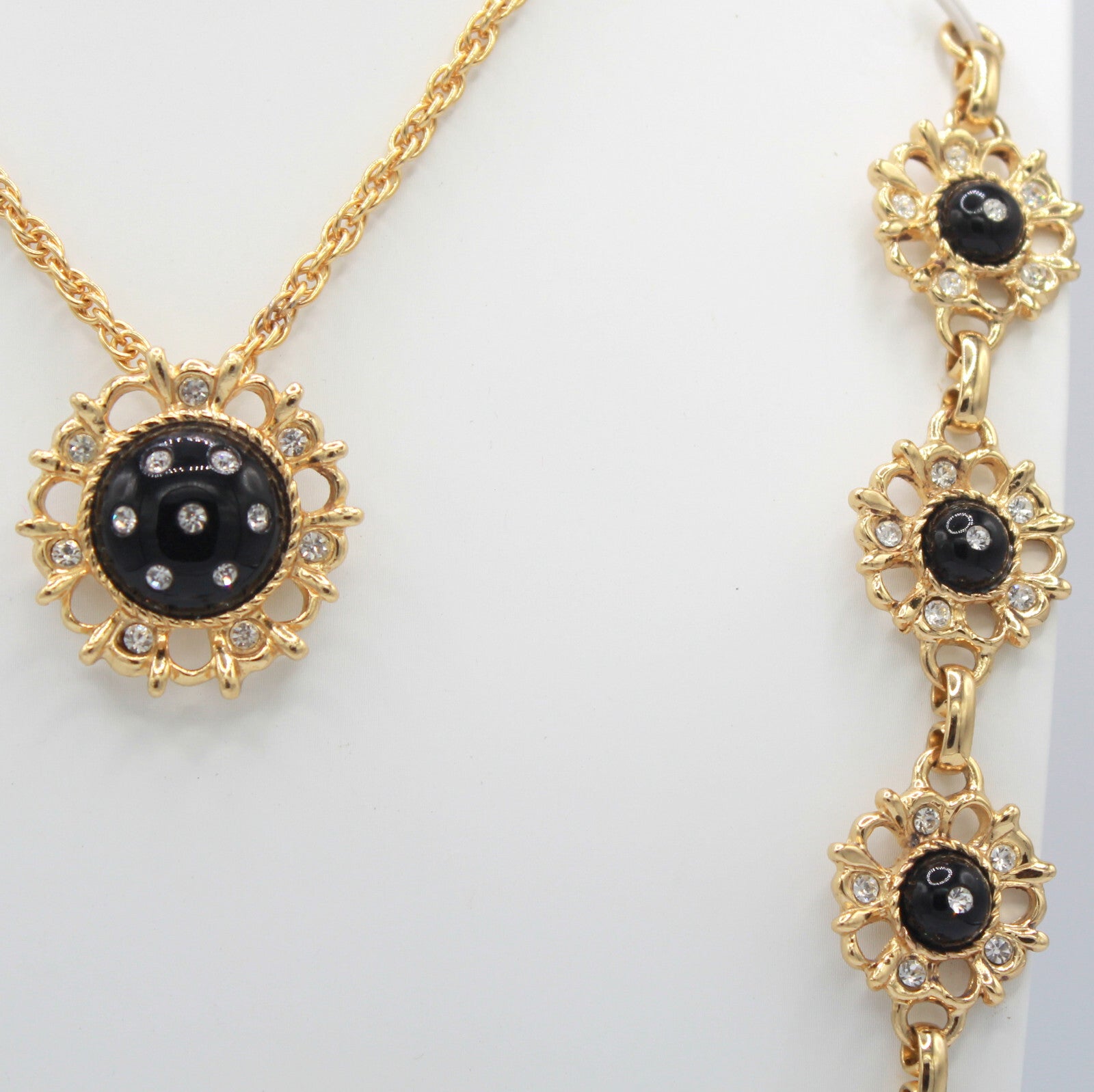 Vintage DAISY BLACK CABOCHON CLEAR Rhinestone Necklace Bracelet Earrings Set