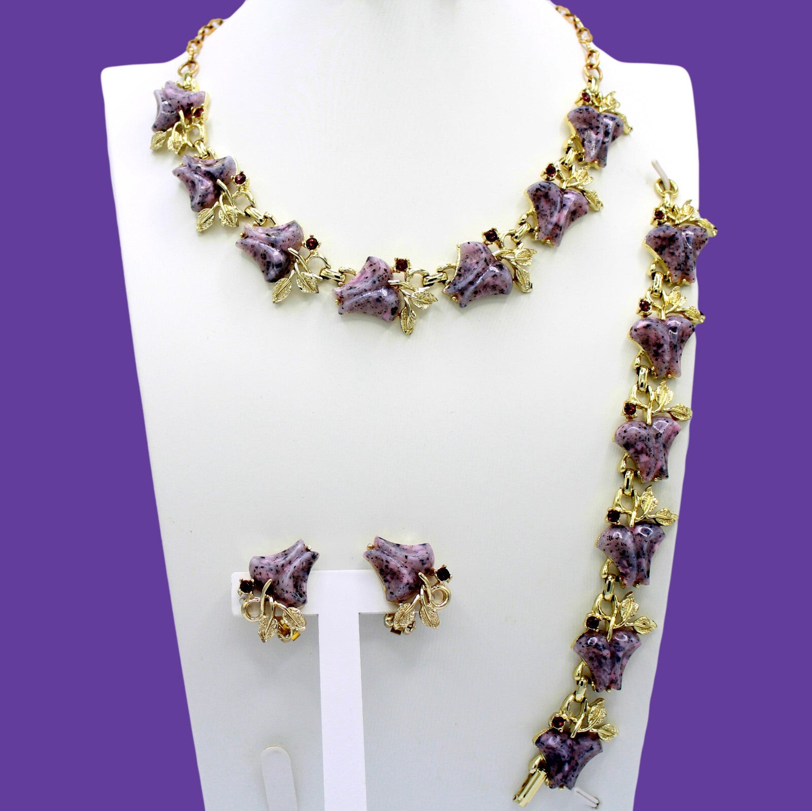 VTG Lavender Purple Lucite Bell Flower Rhinestone Necklace Bracelet Earrings Set