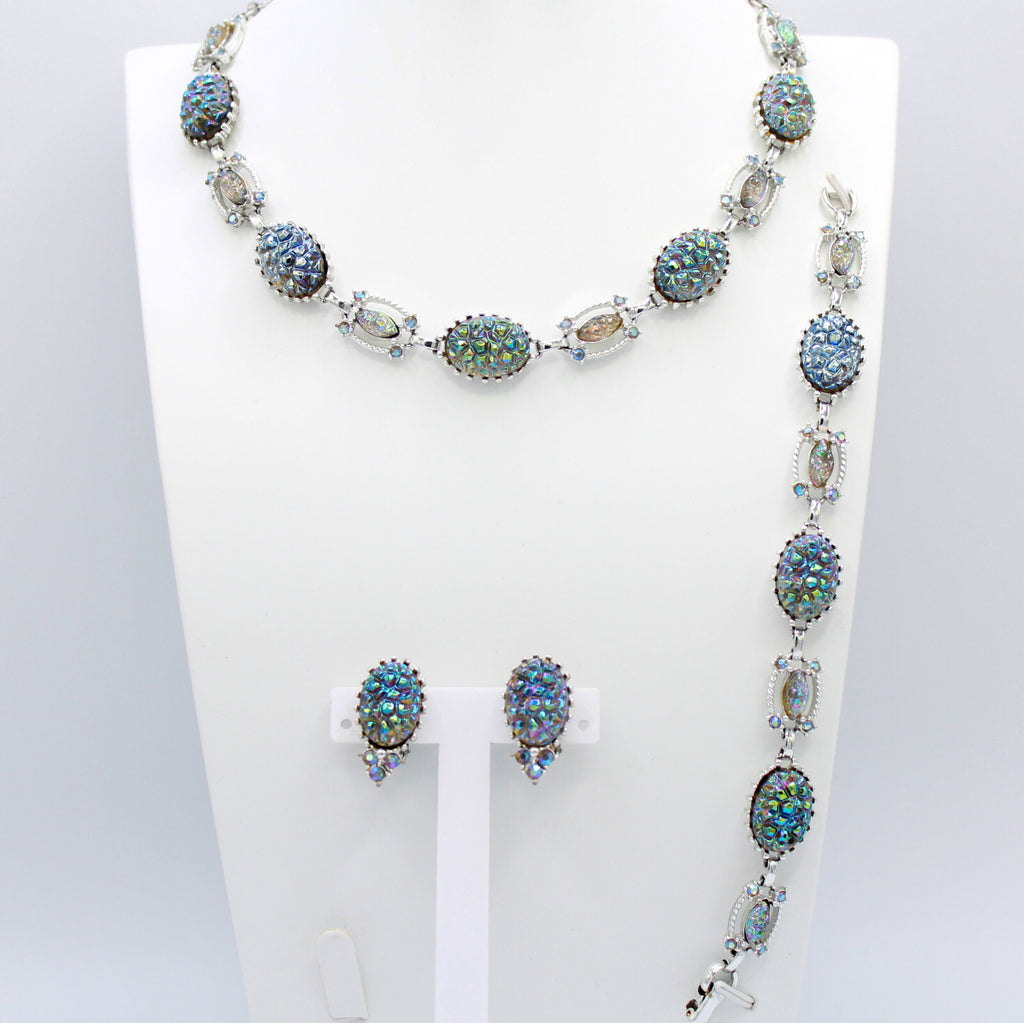 Blue Iridescent Carnival Glass Geode Rhinestone Necklace Bracelet Earrings Set