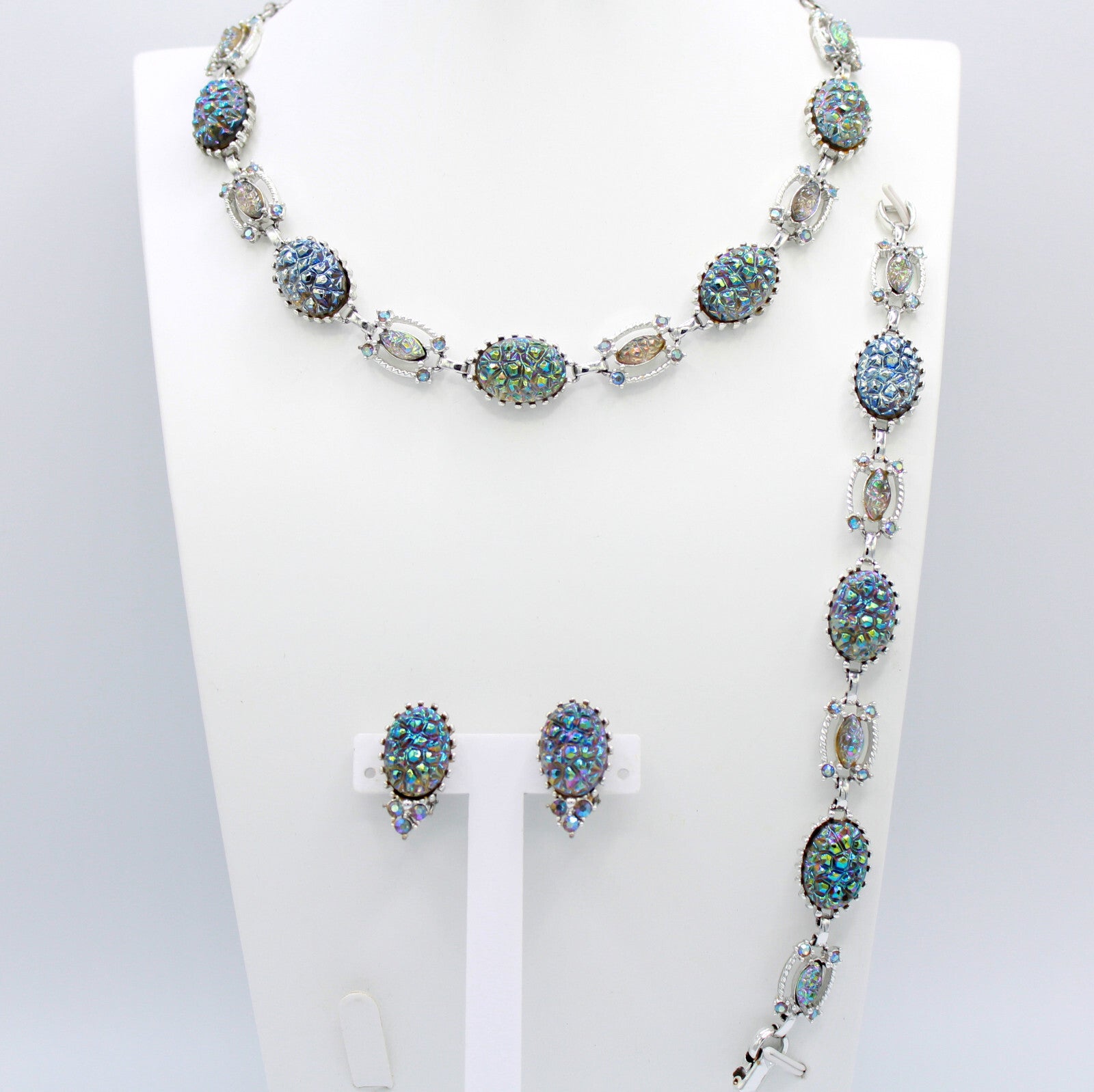 Blue Iridescent Carnival Glass Geode Rhinestone Necklace Bracelet Earrings Set