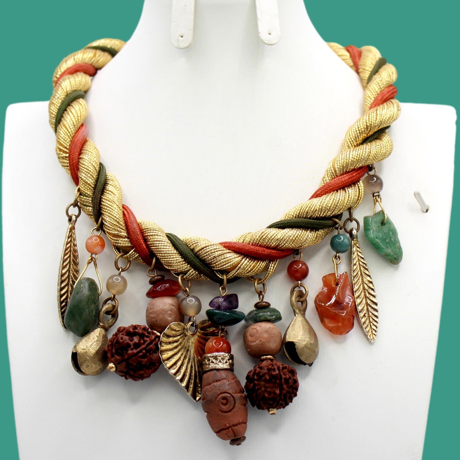 VTG JULIANA Gold Rust Olive Twisted Cord Ethnic Stone Charm Necklace IIJJ#8832