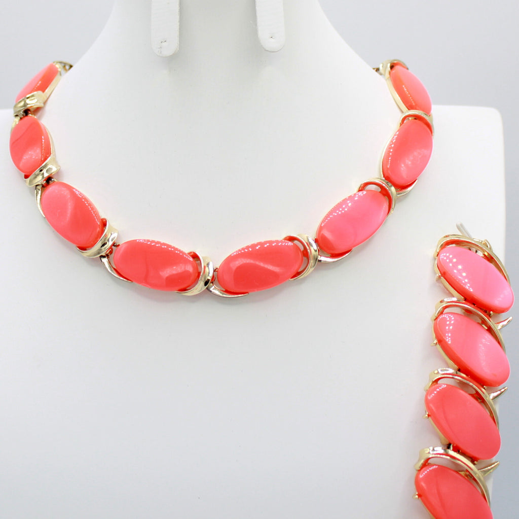 Vintage Bold Neon Melon Orange Oval Thermoset Necklace Bracelet Earrings Set
