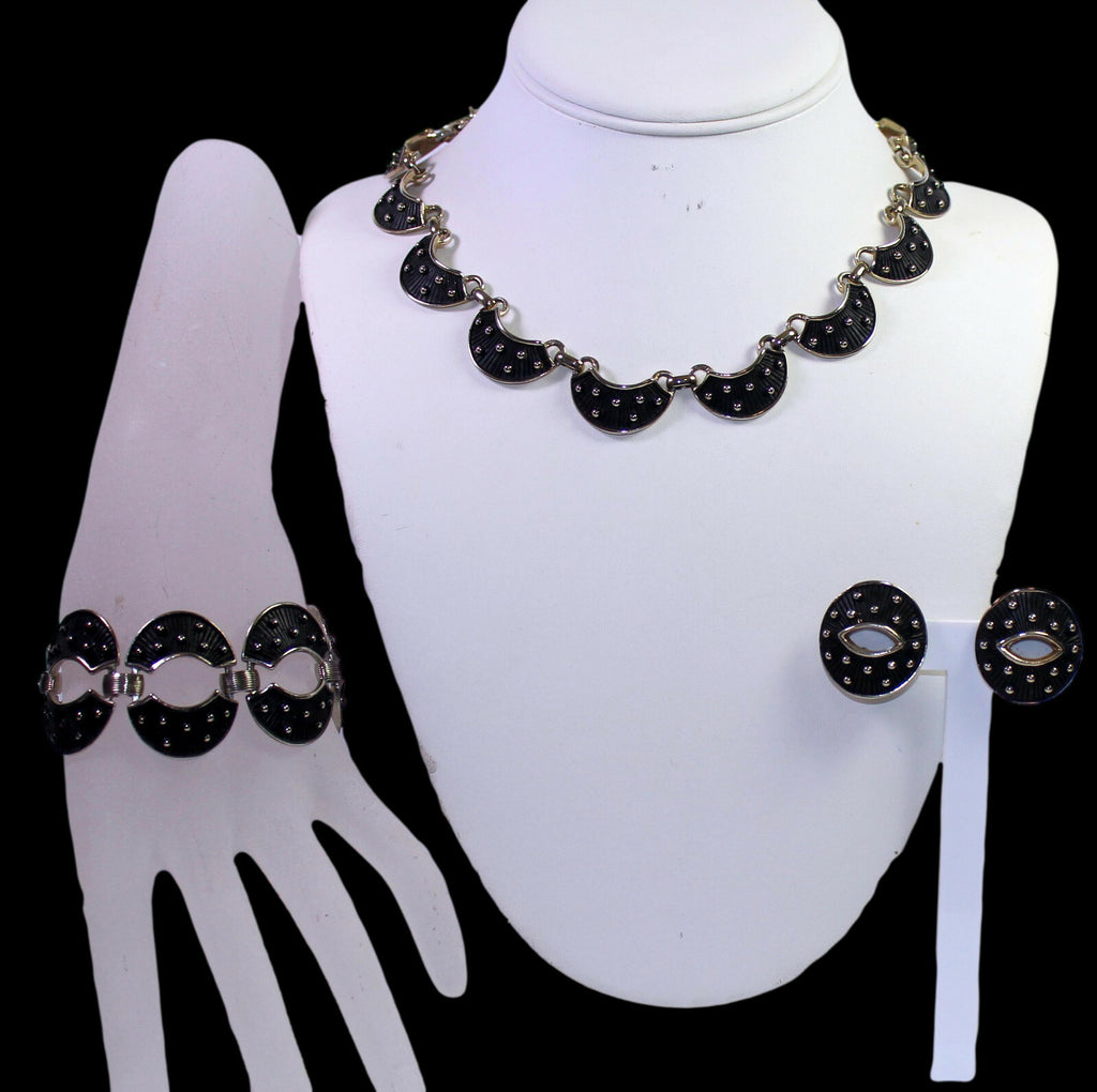 Vintage JUDY LEE Black Enamel Textured Polka Dot Necklace Bracelet Earrings Set
