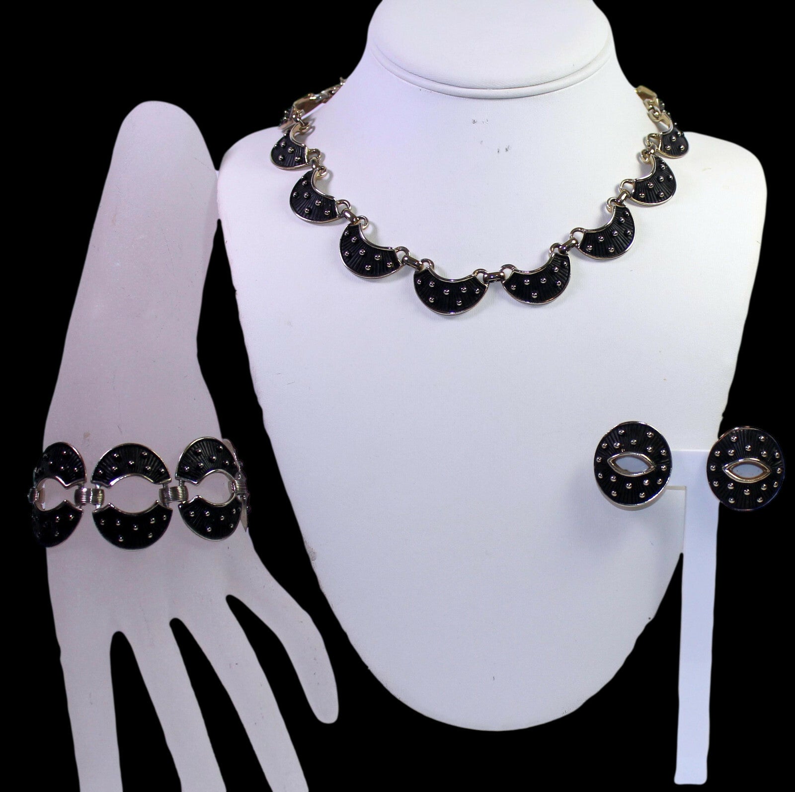 Vintage JUDY LEE Black Enamel Textured Polka Dot Necklace Bracelet Earrings Set