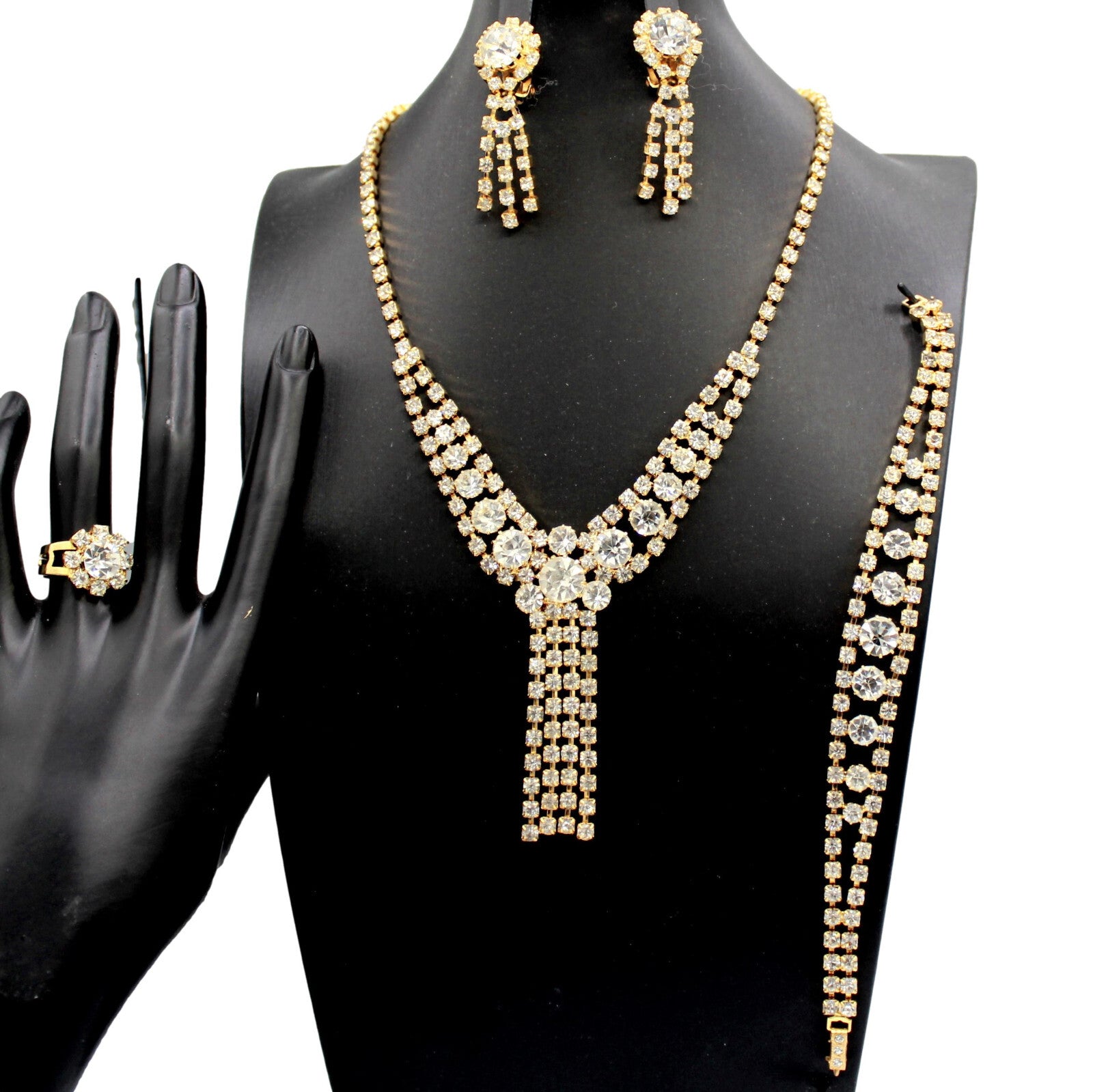 Vintage Sparkling Statement CLEAR RHINESTONE Ring Necklace Bracelet Earrings Set