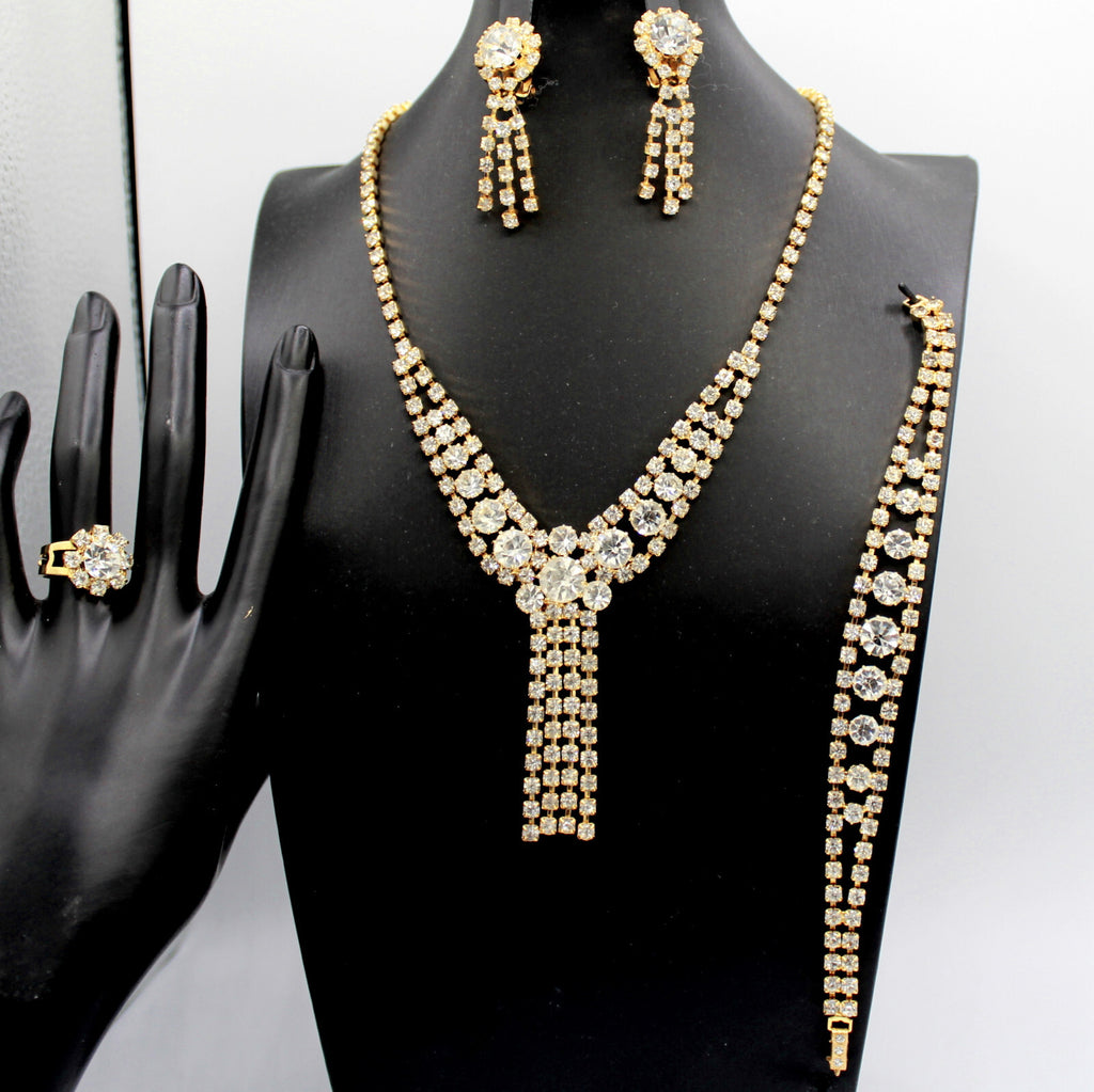 Vintage Sparkling Statement CLEAR RHINESTONE Ring Necklace Bracelet Earrings Set