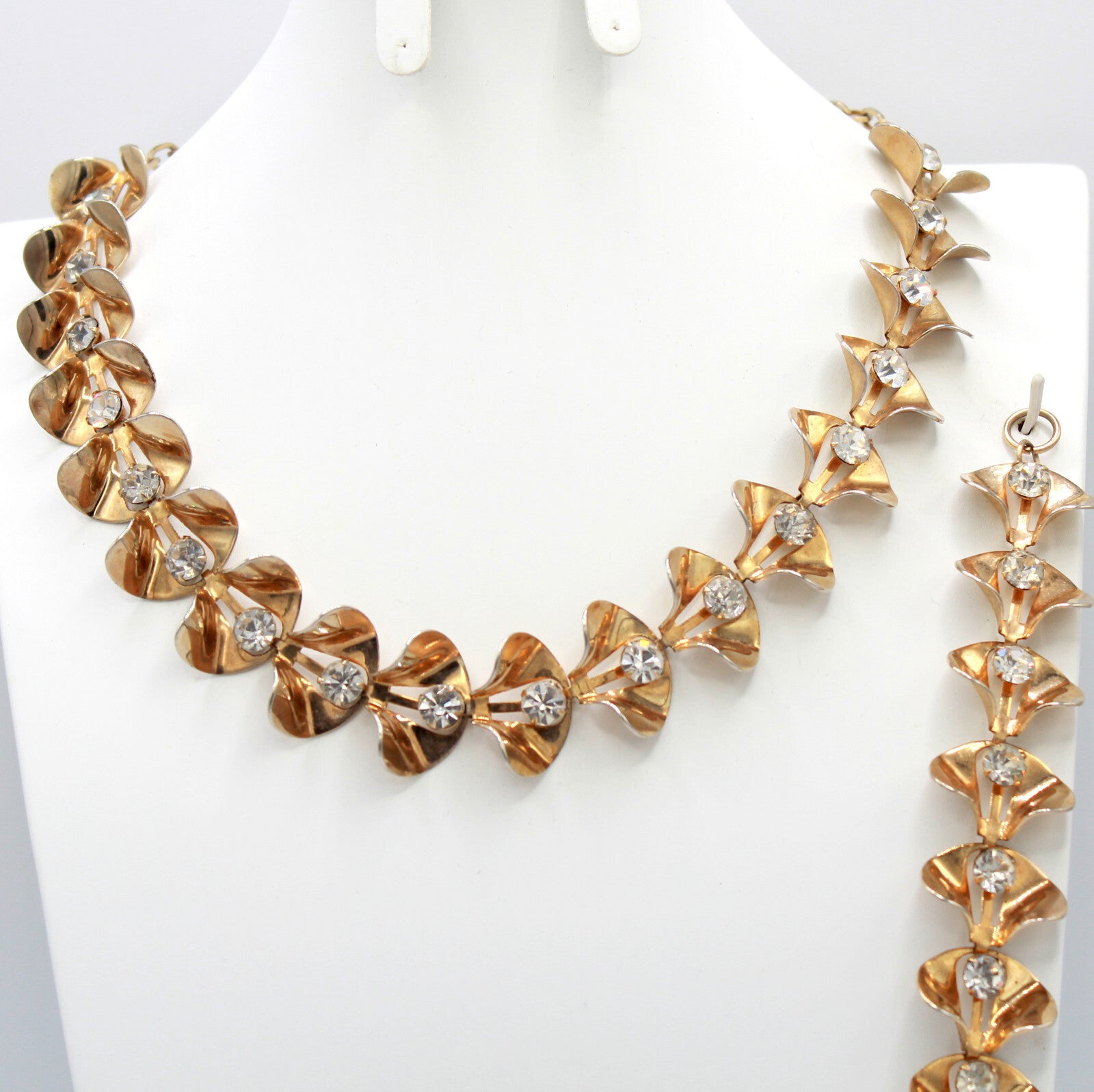 Vintage Clear Rhinestone Golden CALLA LILY Flower Necklace Bracelet Earrings Set