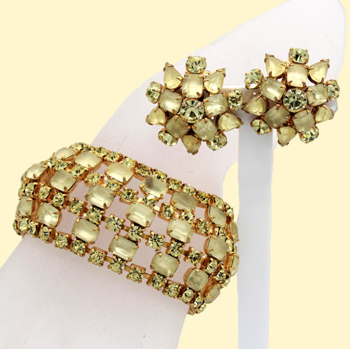 Vintage Frosted Yellow Jonquil Rhinestone Wide Bracelet Clip Earrings Set