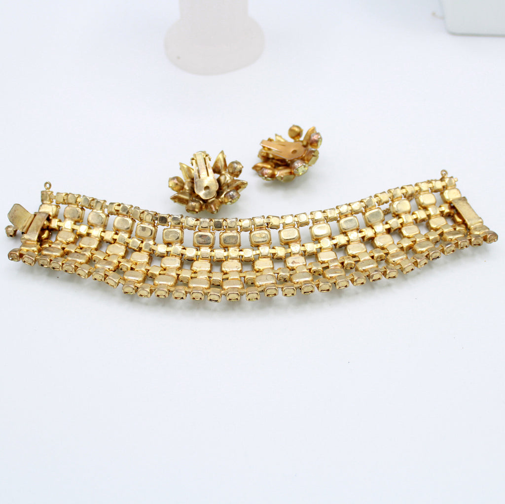 Vintage Frosted Yellow Jonquil Rhinestone Wide Bracelet Clip Earrings Set