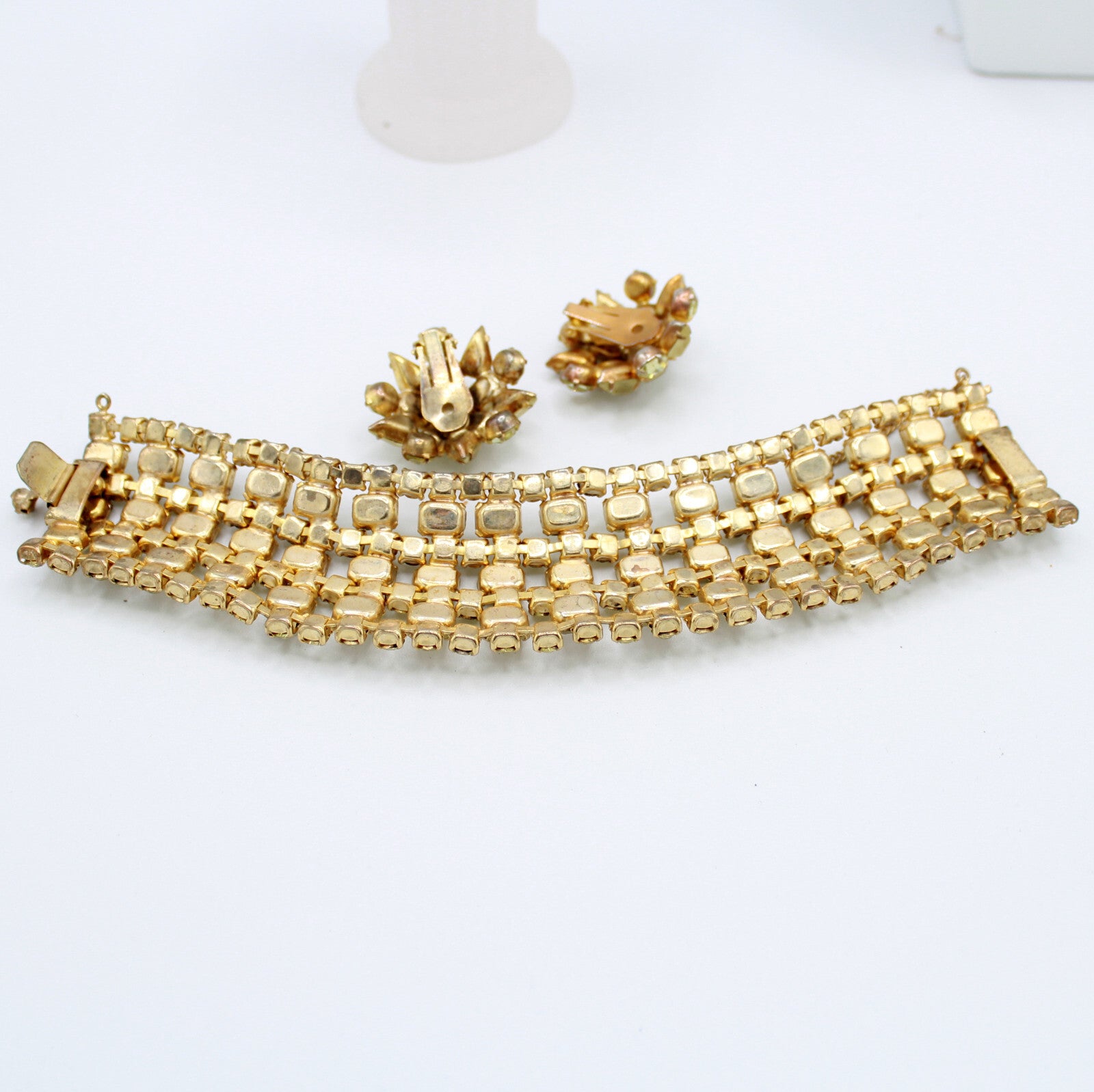 Vintage Frosted Yellow Jonquil Rhinestone Wide Bracelet Clip Earrings Set