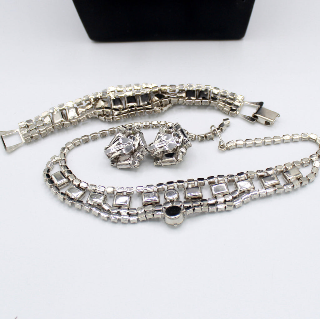 Vintage Statement CLEAR CUSHION CUT Rhinestone Necklace Bracelet Earrings Set