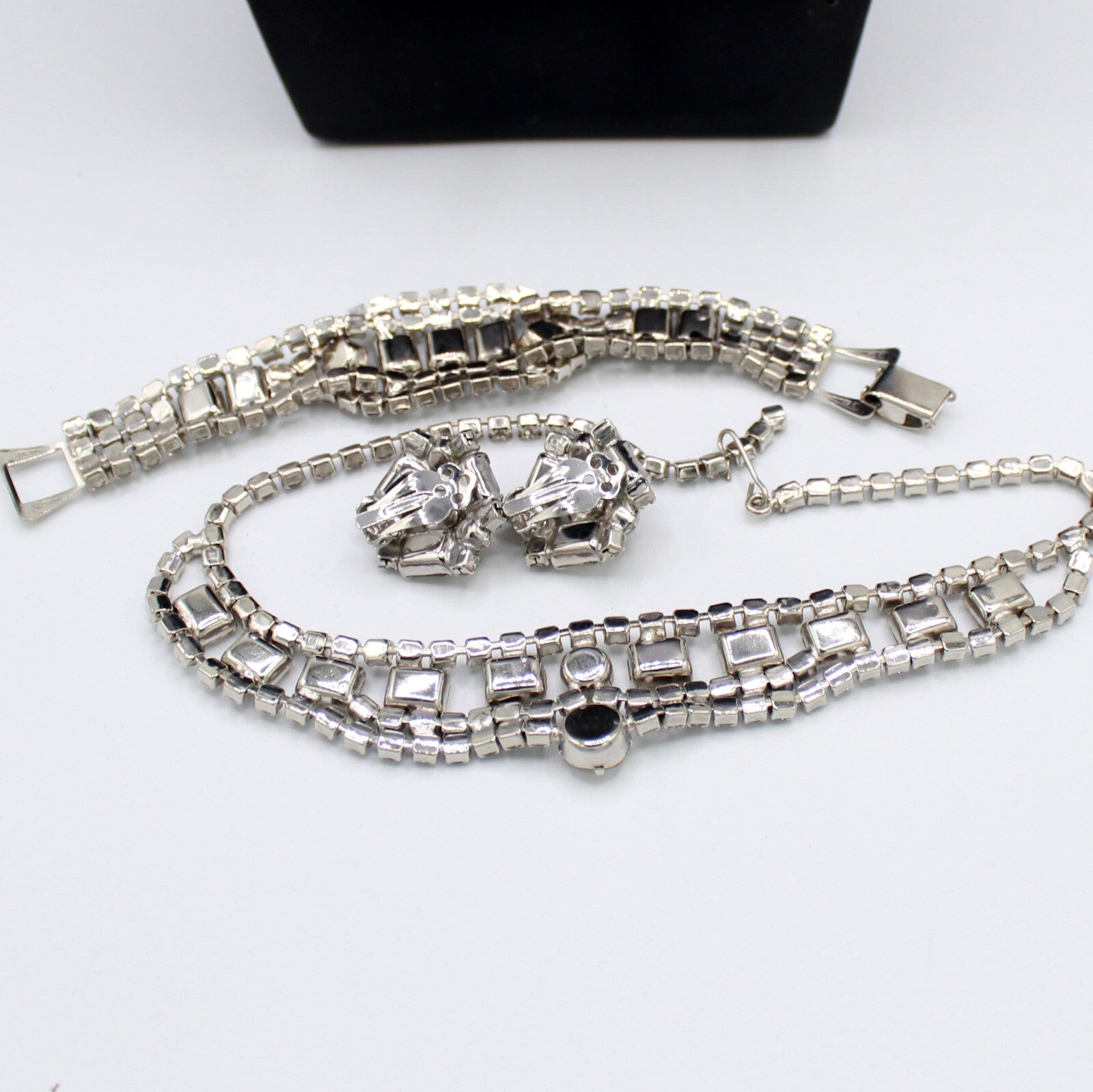 Vintage Statement CLEAR CUSHION CUT Rhinestone Necklace Bracelet Earrings Set