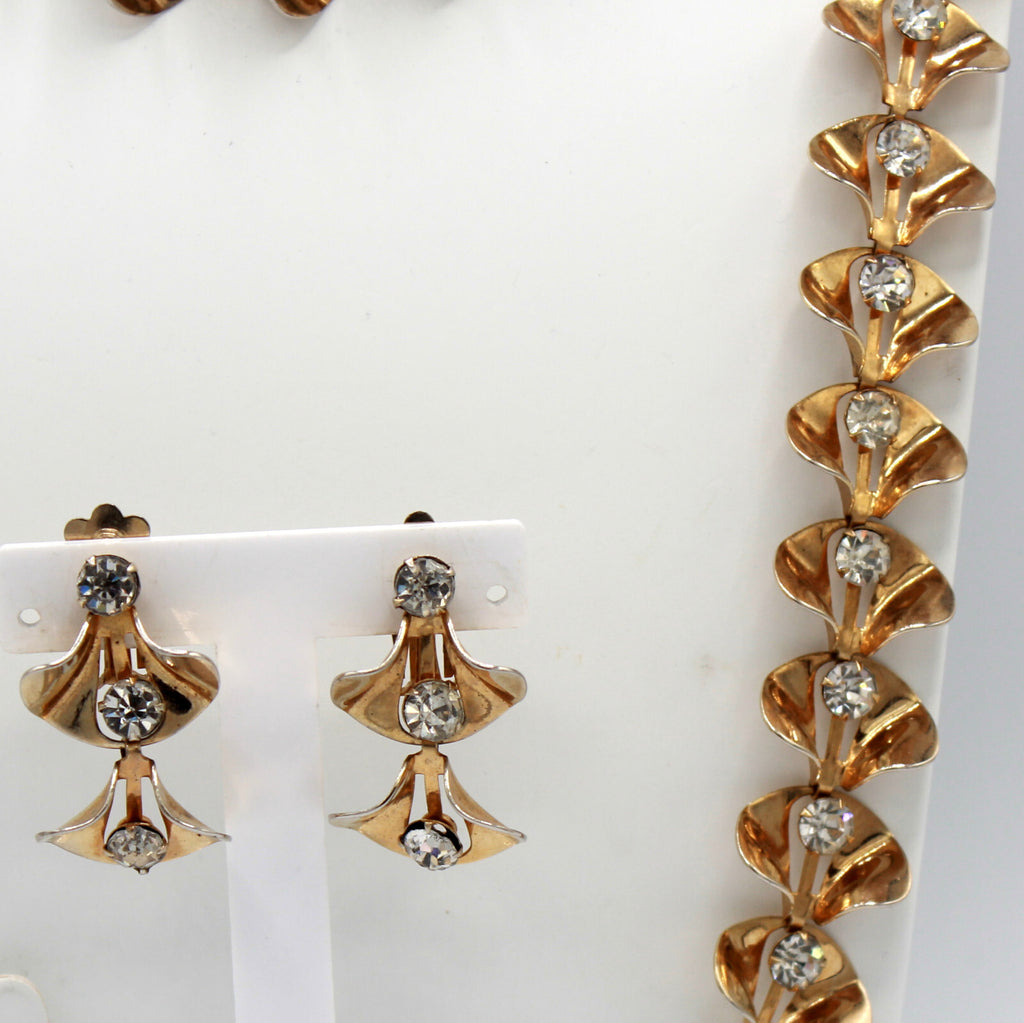 Vintage Clear Rhinestone Golden CALLA LILY Flower Necklace Bracelet Earrings Set