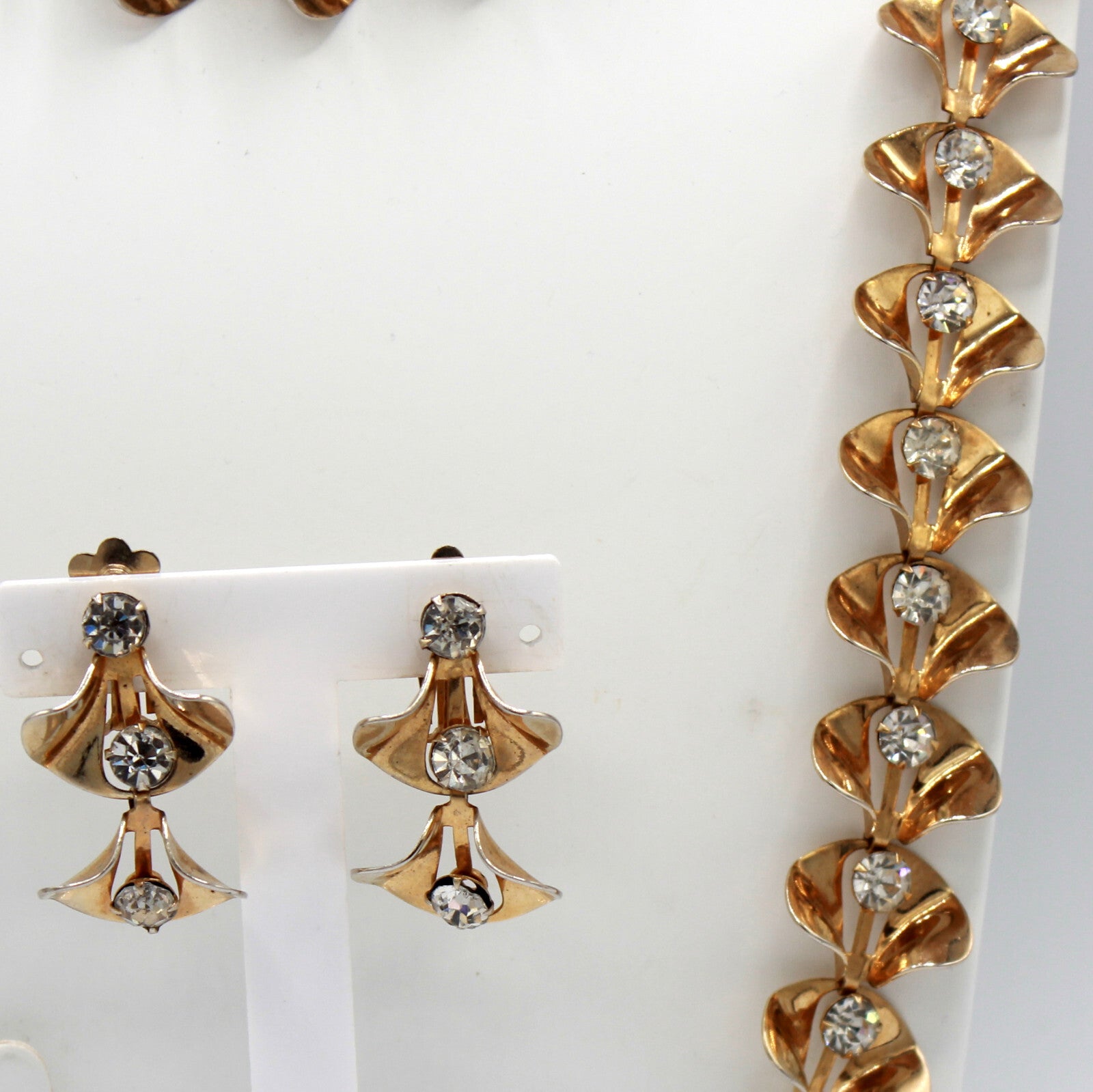 Vintage Clear Rhinestone Golden CALLA LILY Flower Necklace Bracelet Earrings Set