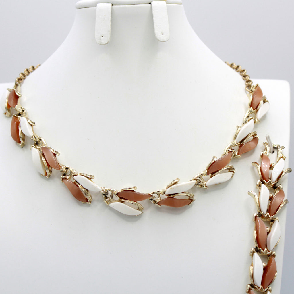 Vintage MOCHA BROWN WHITE THERMOSET Leaves Necklace Bracelet Earrings Set