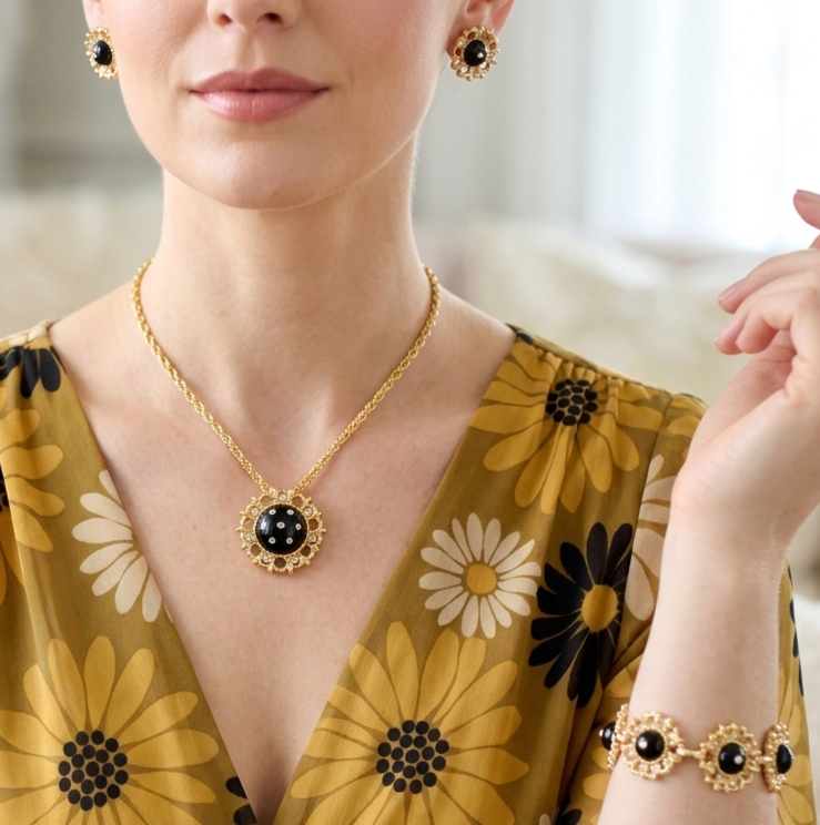 Vintage DAISY BLACK CABOCHON CLEAR Rhinestone Necklace Bracelet Earrings Set