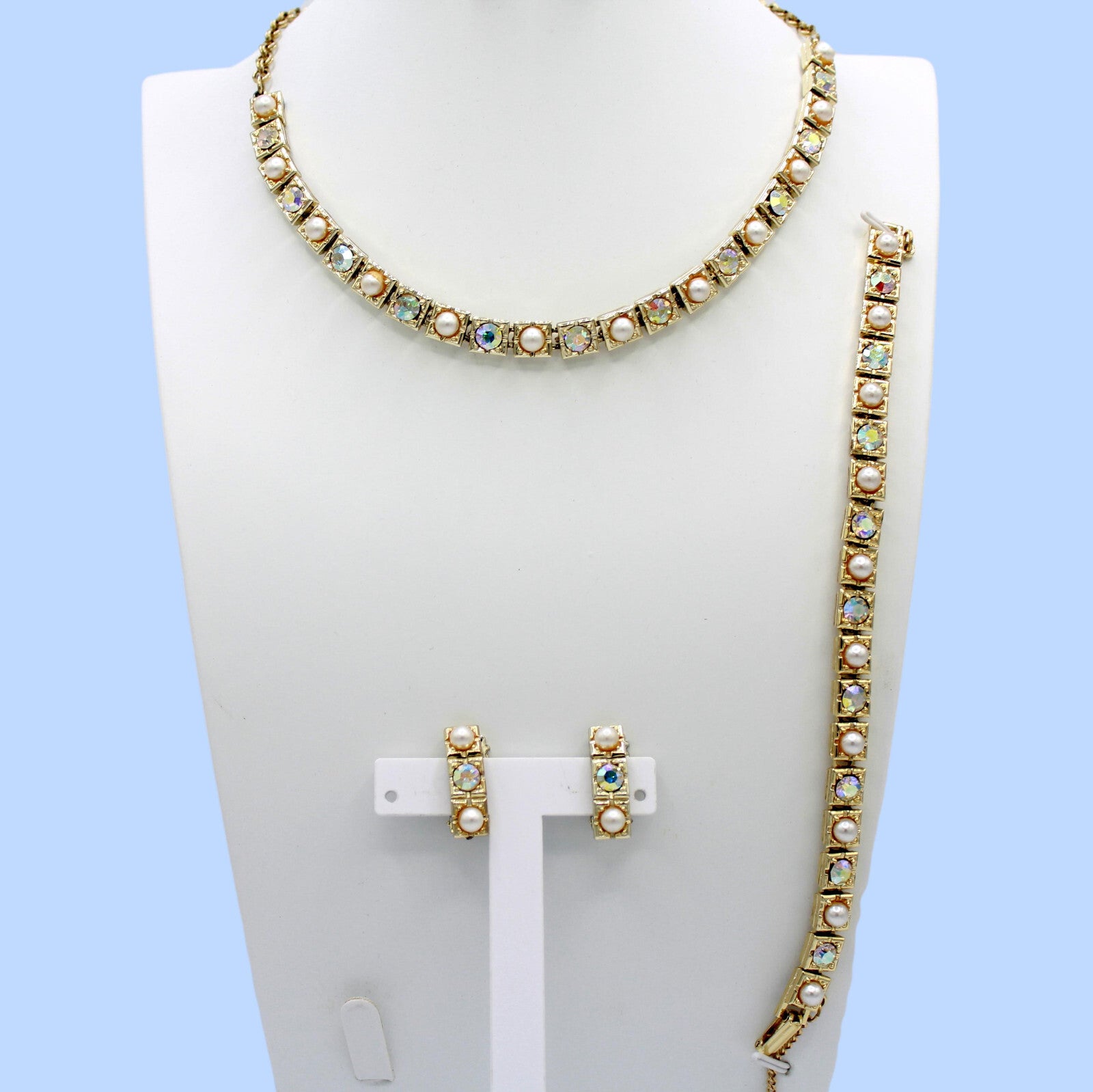Vintage AB Rhinestone Faux Pearl Squares Linear Necklace Bracelet Earrings Set
