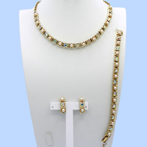 Vintage AB Rhinestone Faux Pearl Squares Linear Necklace Bracelet Earrings Set