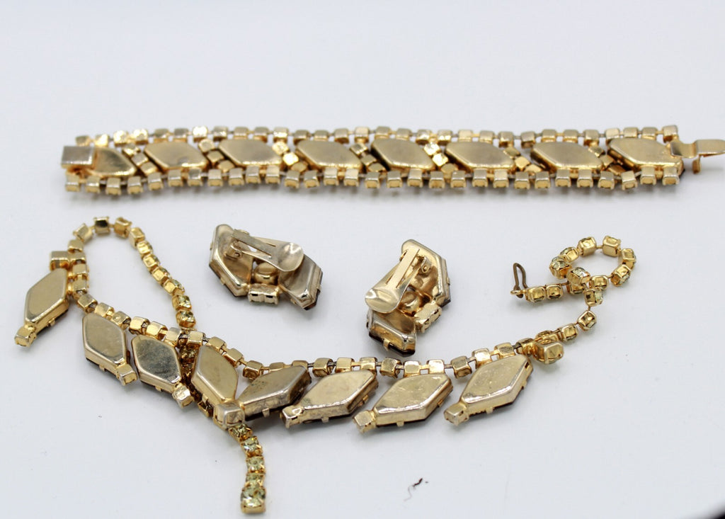 Vintage Topaz Yellow Rhinestone Large Hexagon Necklace Bracelet Earrings Set