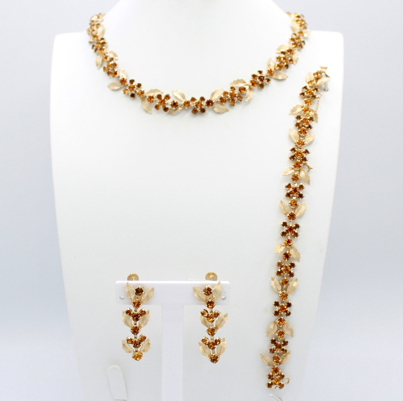 Vintage Dainty Topaz Amber Rhinestone Leaf Necklace Bracelet Dangle Earrings Set