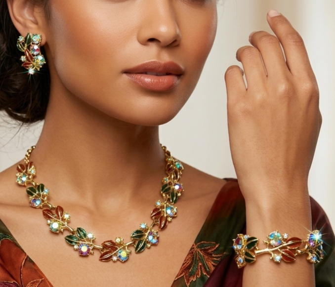 Vintage TARA Fall Colors Enamel Rhinestone Leaf Necklace Bracelet Earrings Set