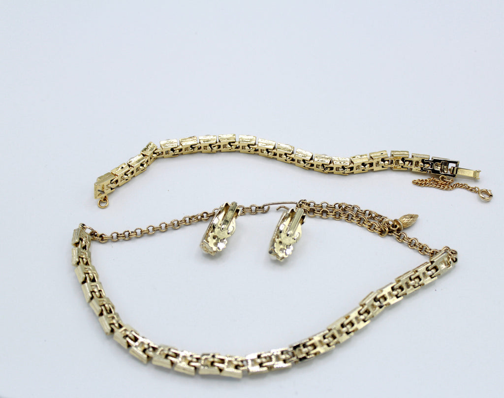 Vintage AB Rhinestone Faux Pearl Squares Linear Necklace Bracelet Earrings Set