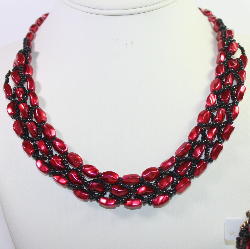 Vintage Cranberry Red Black Braided Bead Necklace Bracelet Earrings Set parure