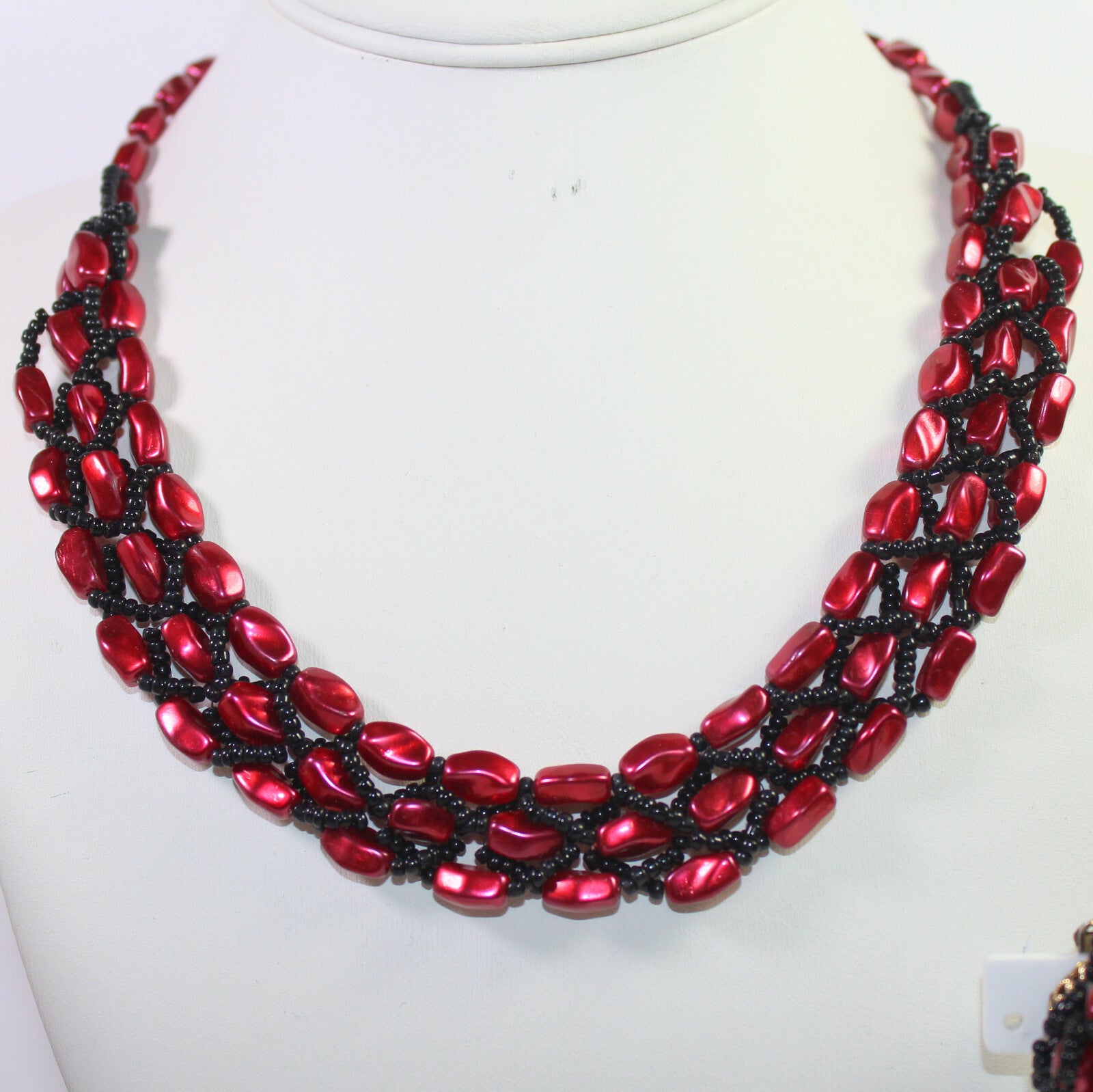Vintage Cranberry Red Black Braided Bead Necklace Bracelet Earrings Set parure